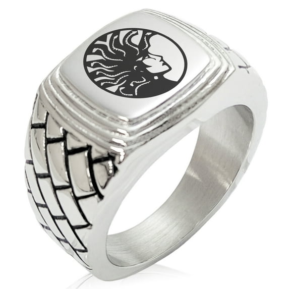Stainless Steel Greek Mythology Medusa Geometric Pattern Step-Down Biker Style Polished Ring