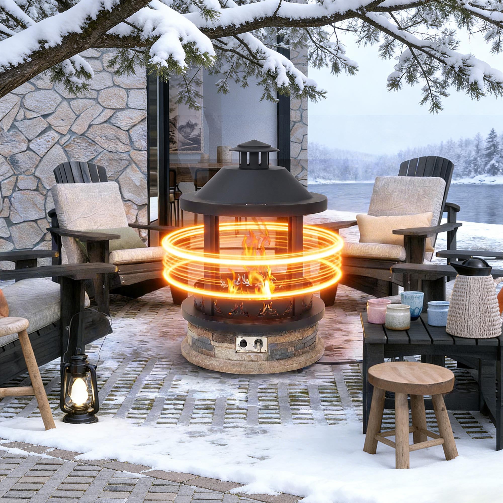 28-Inch Propane Fire Pit, 65,000 BTU Lantern Top Outdoor Gas Fire Pit, Gazabo Gas Fireplace with Faux Stone Base, Lava Rocks, Cover & Pre-attached 10ft Propane Hose