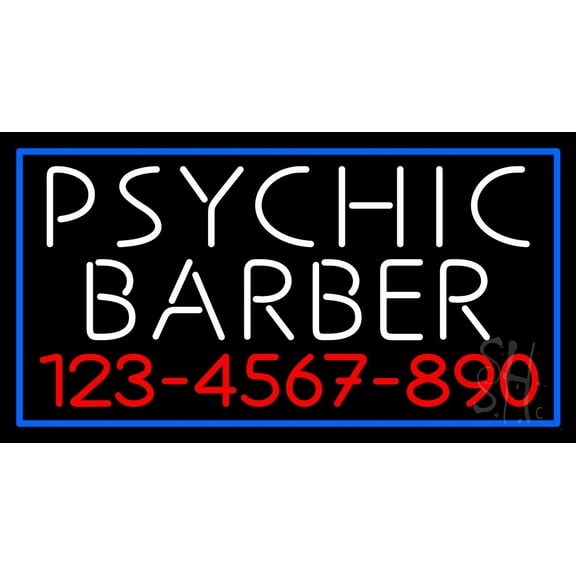 White Psychic Barber With Phone Number LED Neon Sign 13" Tall x 24" Wide - inches Black Square Cut Acrylic Backing, with Dimmer - Bright and Premium built indoor LED Neon Sign for Storefront.