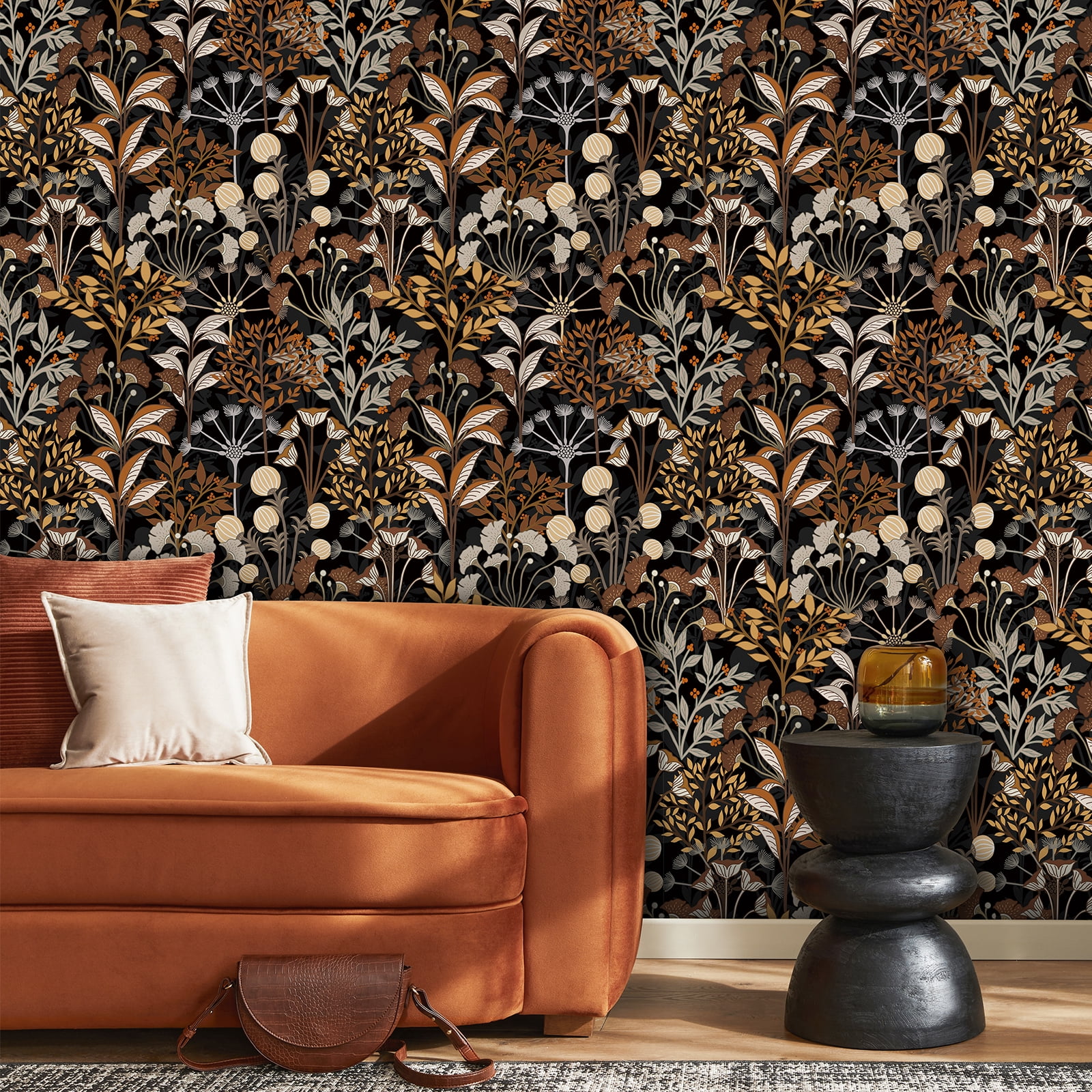 Meiban Leaf Wallpaper Multicolor Peel and Stick Wallpaper Self Adhesive Wall Paper 17.7"x118" Boho Black/Brow Floral Leaf Contact Paper for Home Mural Wall Decor Wall Covering Old Furniture Renovation