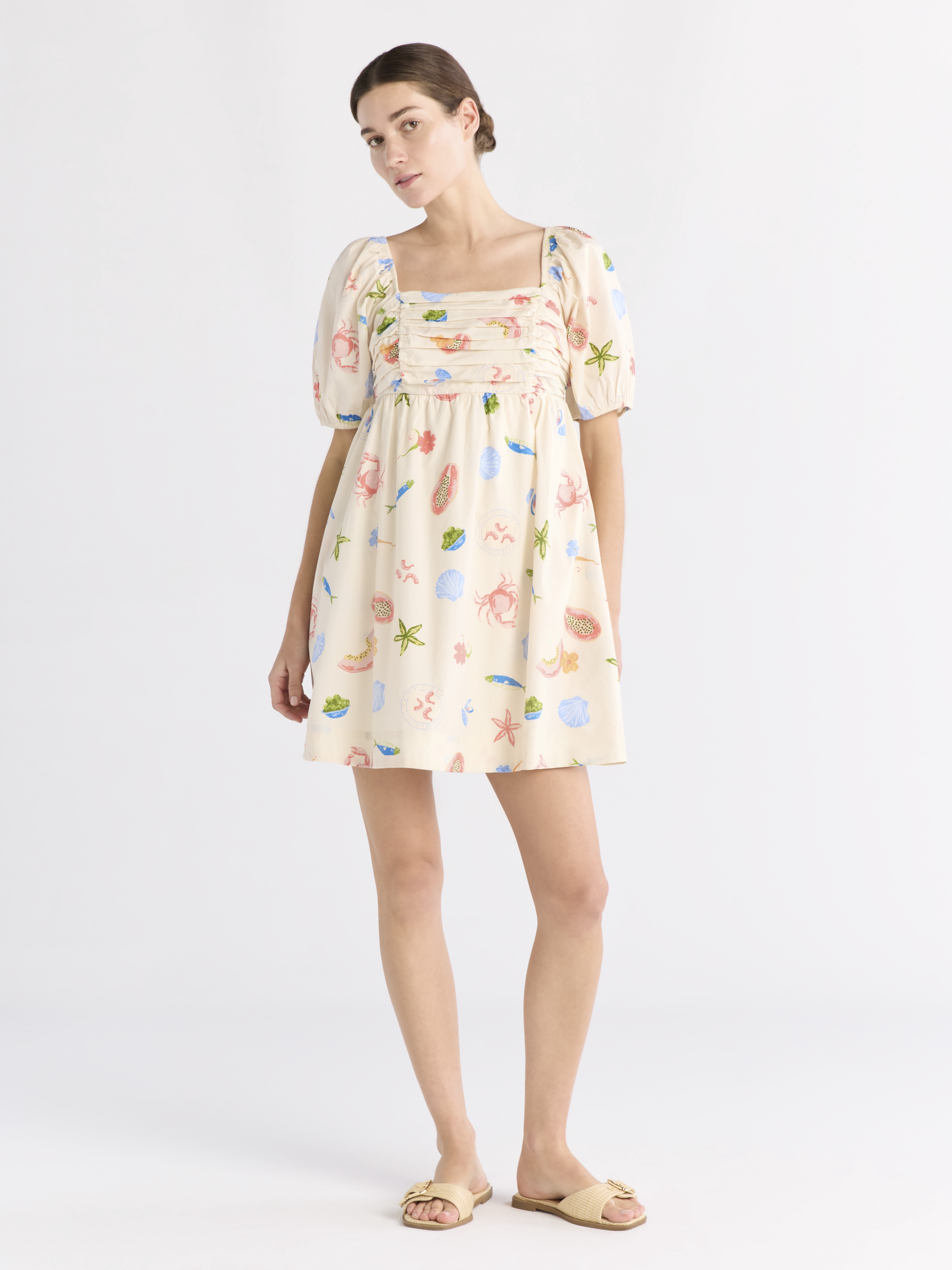 Free Assembly Women's Shirred Cotton Mini Dress with Puff Sleeves, Sizes XS-XXXL