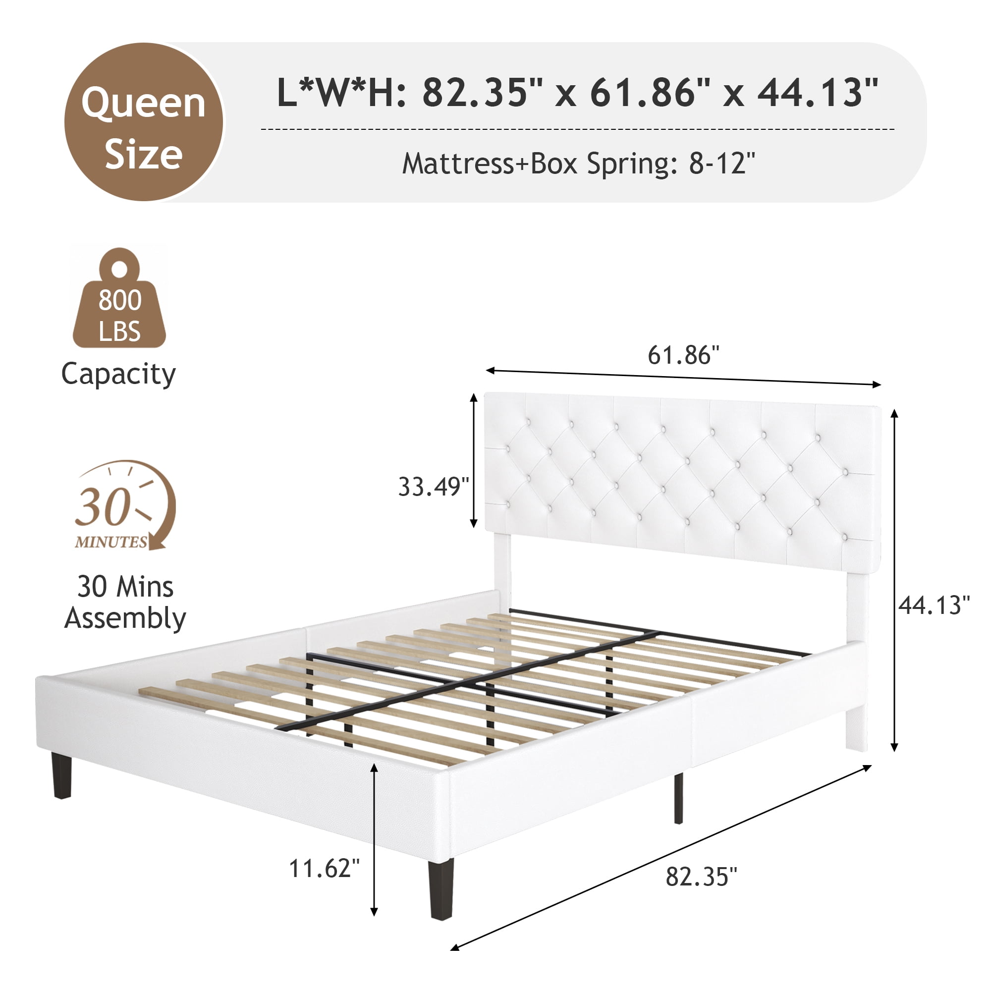 4 EVER WINNER Queen Bed Frame, Queen Upholstered Platform Bed with Button Tufted Headboard, White Queen Bed Frame, White