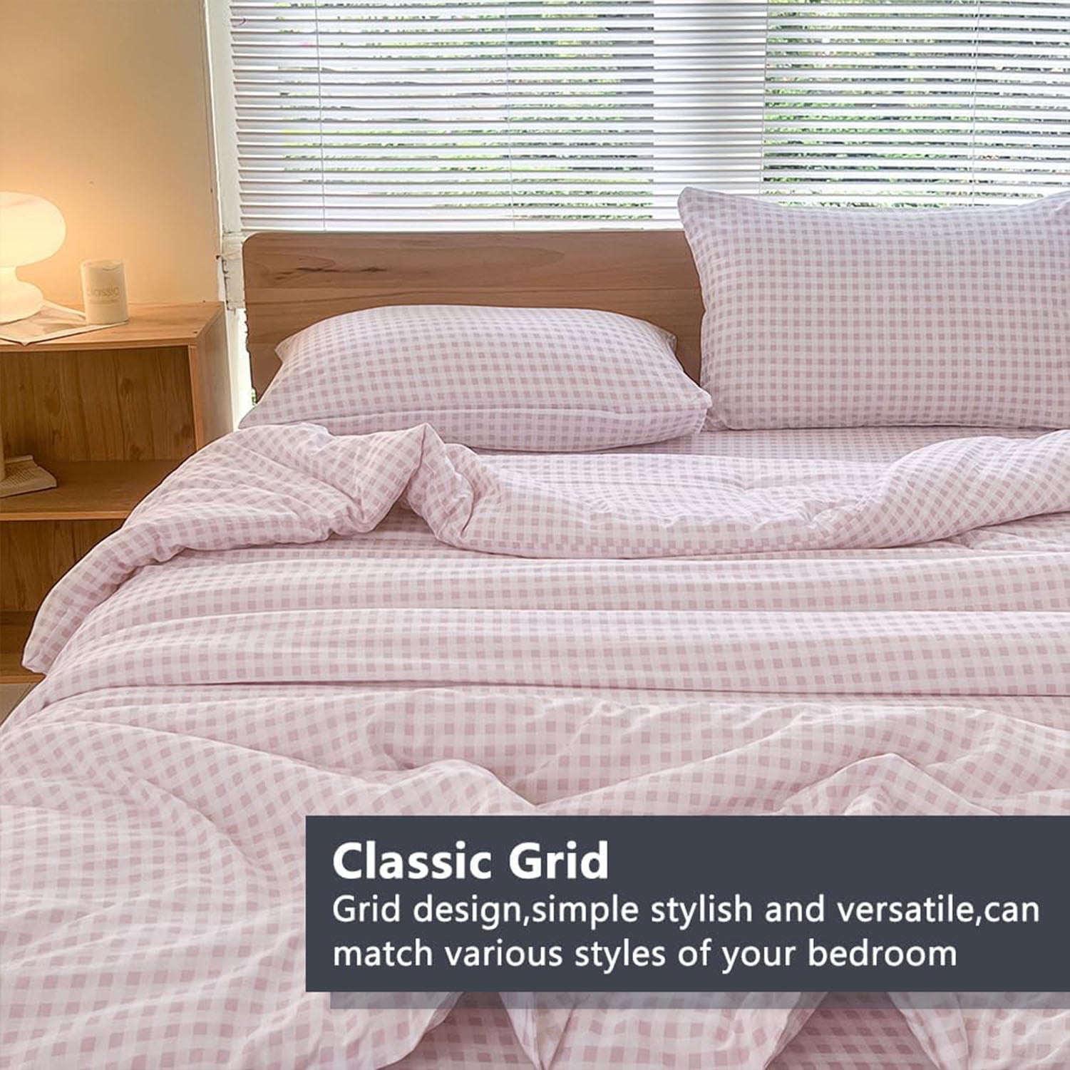 Pink Gingham King Comforter Set, Pink Plaid Bedding Set, Checked Bed Comforter 3 Pieces(Pink Gingham, King)