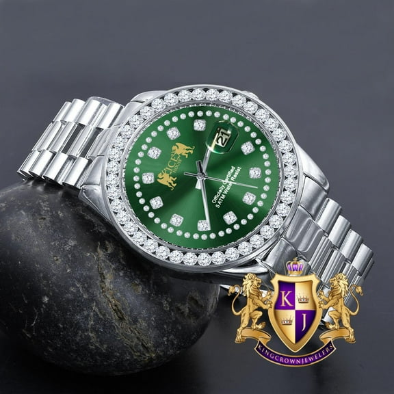 Emerald Green Dial Full Solid stainless Steel Solitaire 18K Yellow Gold Finish Simulated Diamond 41mm Mens Watch