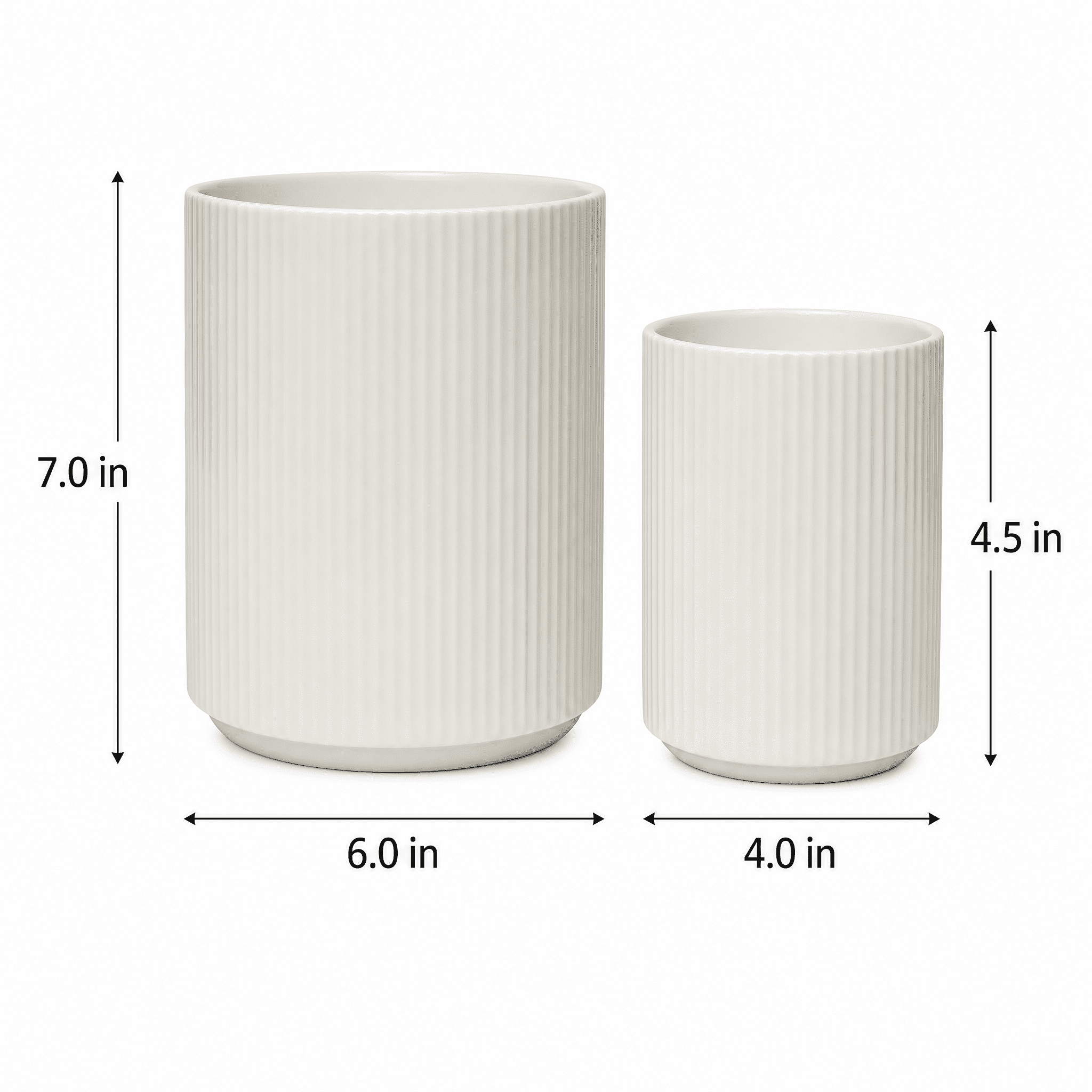 KSENDALO 2-Pack White Ceramic Utensil Holder Set(utensils not include), 7" & 4.5" Tall Farmhouse Kitchen Counter Storage Jars, Ribbed Utensil Crock for Silverware & Flower Display