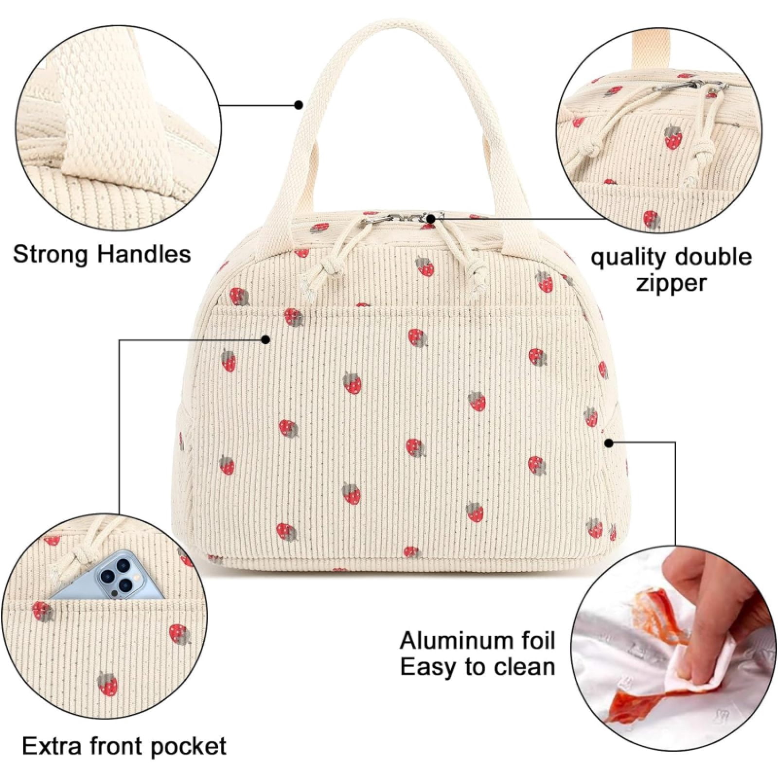 SQDWYGG Lunch Bag Cute Corduroy Lunch Handbag Reusable Insulated Lunch Box Large Capacity Reusable Insulated Refrigerated Box Suitable For Work, Picnics Or Travel,Beige checkerboard
