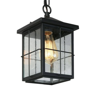 Outdoor Hanging Lantern with Seeded Glass, 1-Light Black Pendant for Porch or Entry