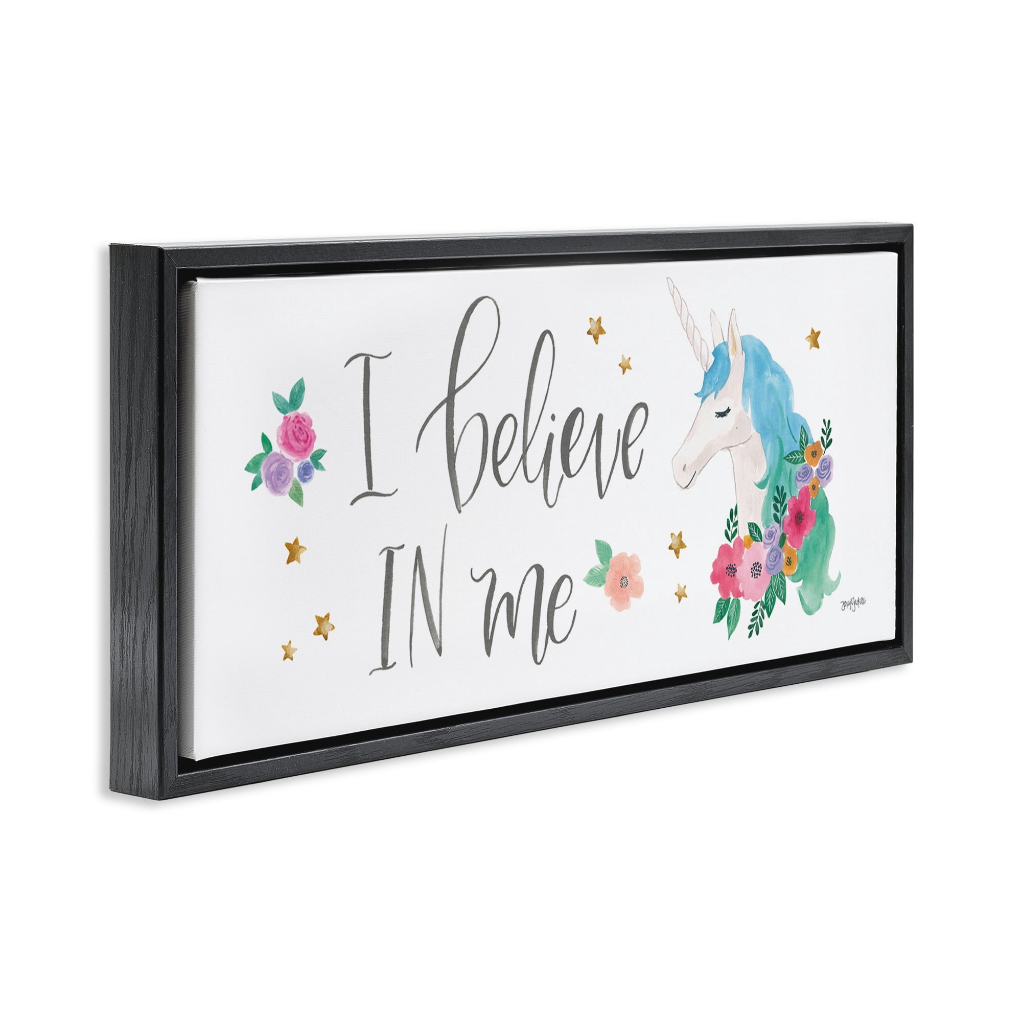 Stupell Industries Believe In Me Blue Unicorn Art for Kids Painting Black Floater Framed Canvas Art Print Wall Art, 31 x 14