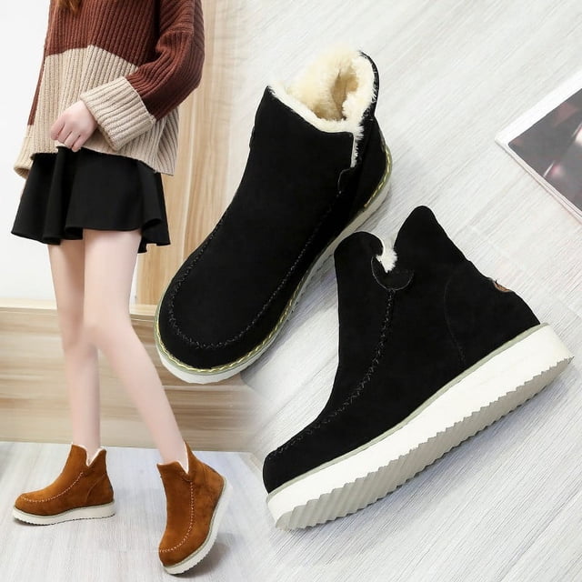 Botas de nieve de invierno para mujer, botas de algodón de suela gruesa y tacón plano de talla grande, botas cortas cálidas de color liso para mujer