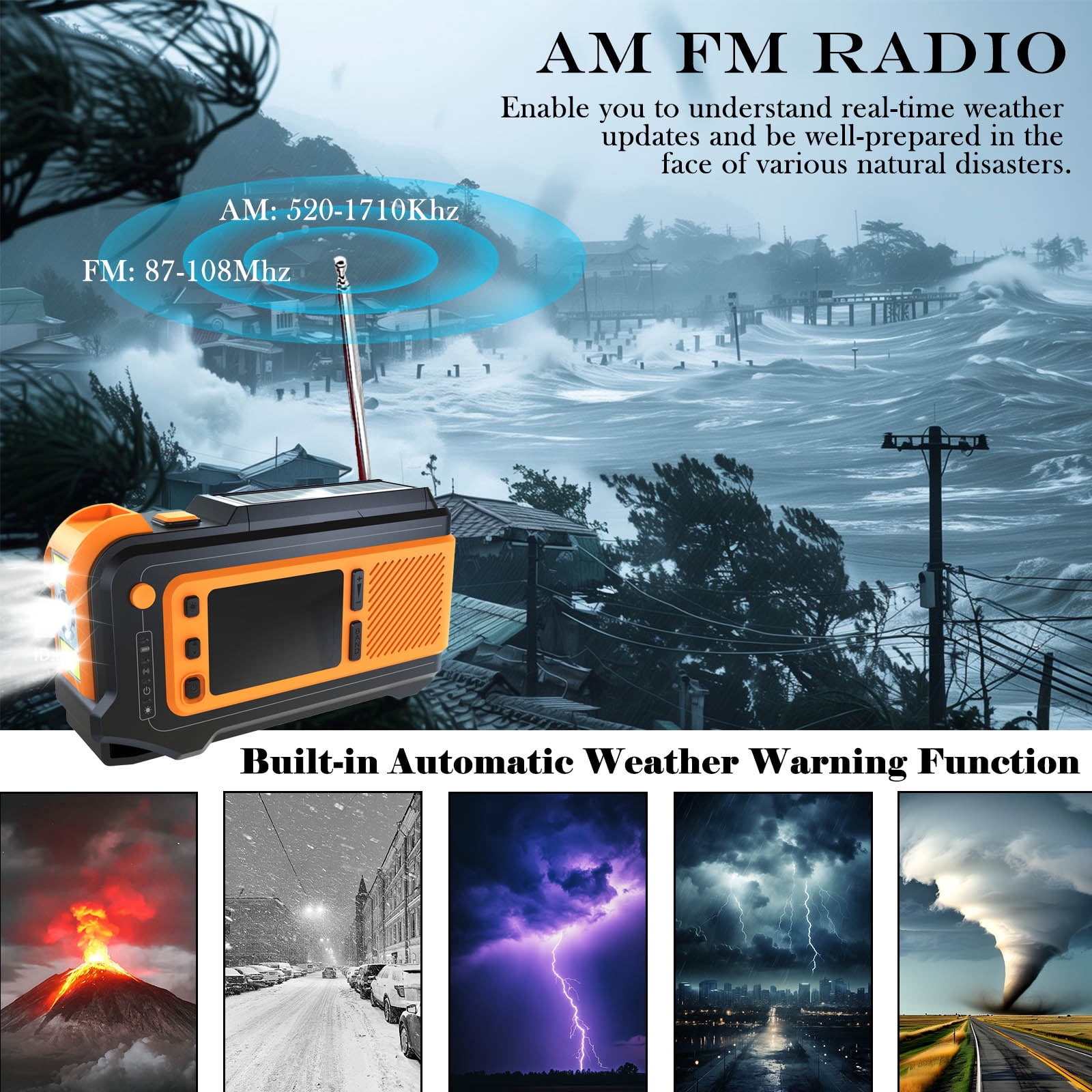 RONY Solar Emergency Radio Portable Hand Crack AM/FM/Weather Radio with SOS Alarm Torch for Camping Hiking Traveling Hurricane
