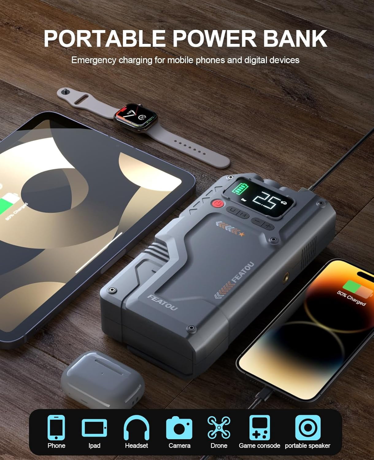 FEATOU V5 Portable Car Jump Starter with Air Compressor, 5000A 12V Battery Booster for 10.0L Gas/9.0L Diesel Engines, LED Light, USB QC 3.0