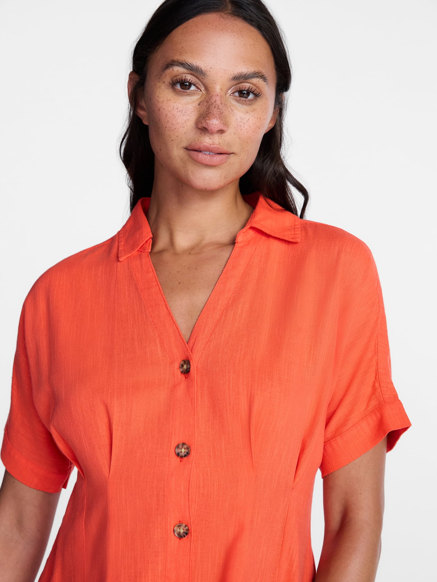 Time and Tru Women's Linen Pleated Waist Fit And Flare Mini Shirt Dress, Sizes XS-XXXL