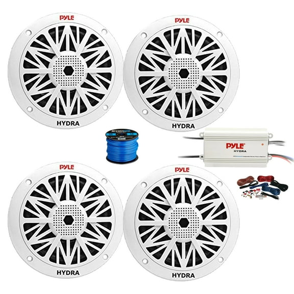 Pyle PLMRMB4CW Marine Bluetooth 4-Channel Amplifier w/Wiring Install Kit, 4x 6.5" 200W Full Range 2-Way Dual Cone Waterproof Marine Audio Speakers w/ 50 feet Wire (White)