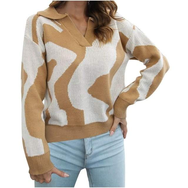 IROINID Women's V-Neck Pullover Sweater Contrast Color Loose Mid-Length Long Sleeve Matching Sweater