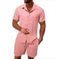 thumbnail image 2 of Pxiakgy Men'S Summer Breathable Two Piece Wrinkled Shirt Shorts Set Men'S Textured Beach Suit Pink + S, 2 of 5