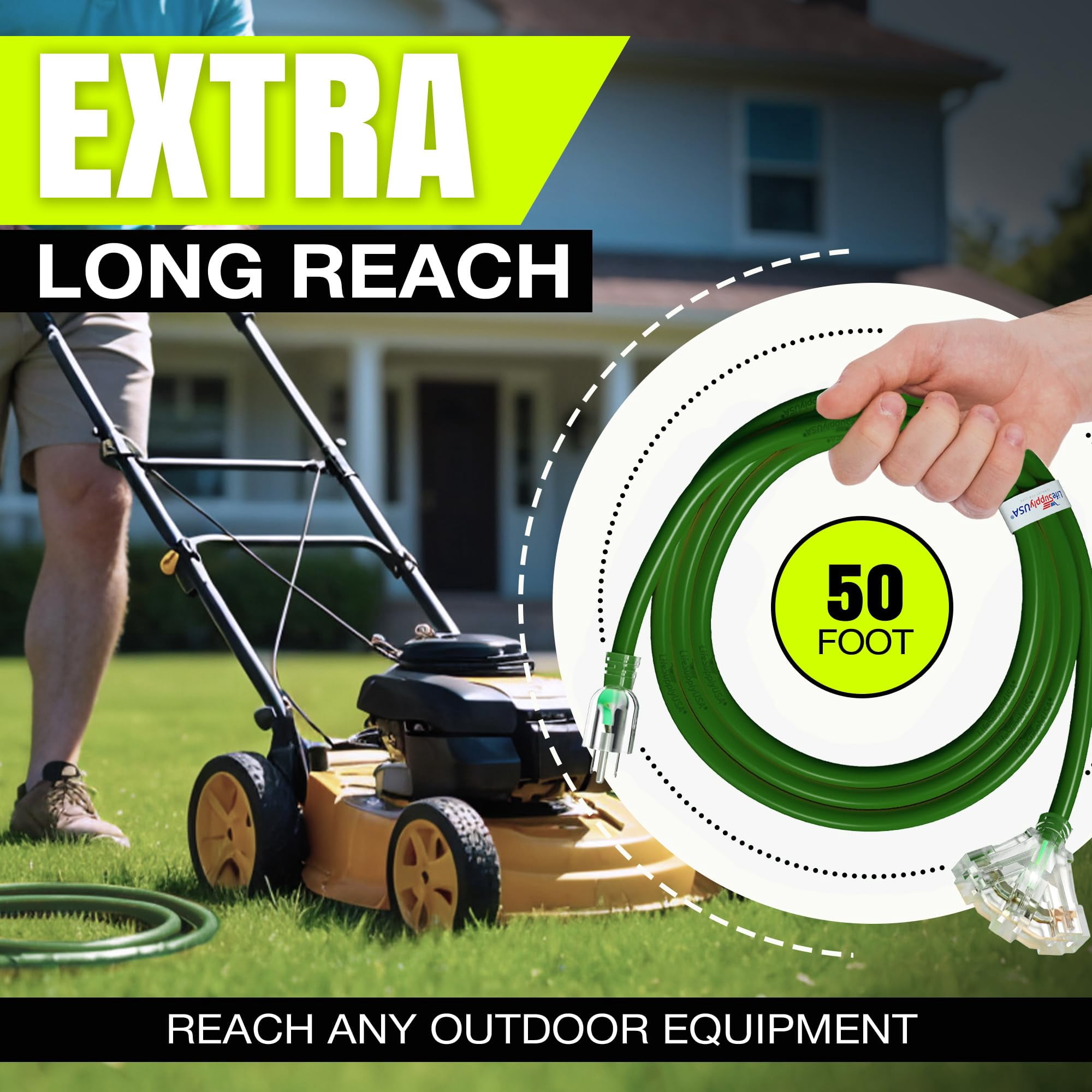75ft Outdoor/Indoor Extension Cord 3-Outlet 12/3 Gauge Extra Heavy Duty ETL Listed, 3 Prong SJTW, Waterproof, Flexible Cold-Resistant Long Power Cord,125 Amp 1875W, Green by LifeSupplyUSA