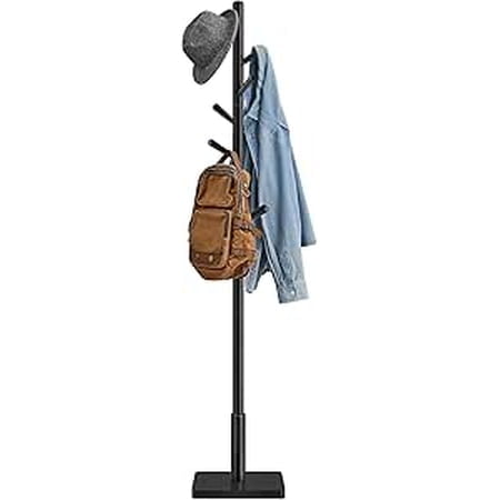 SONGMICS HOME Solid Wood Coat Rack, Free Standing Hall Coat Tree with 8 Hooks, 3 Height Options, for Coats, Hats, Bags, Purses, for Entryway, Hallway, Rubberwood Hooks and Pole, Ink Black