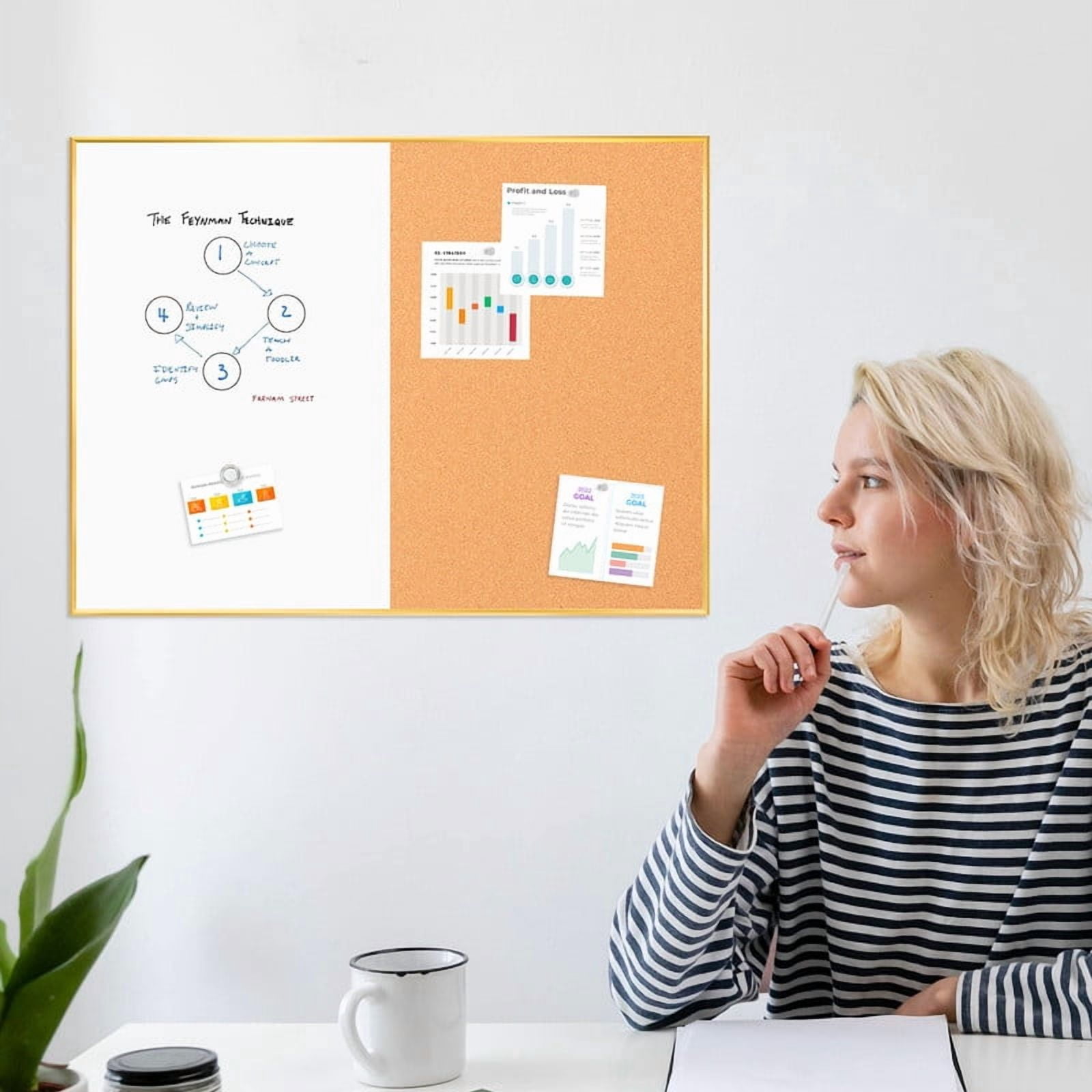 Cork Board Magnetic Dry Erase Board Combo, 36 x 24 Inches Lage Whiteboard and Bulletin Board Combination, Aluminum Frame Vision Board with with 2 Markers, 6 Magnets, Eraser and Push Pins
