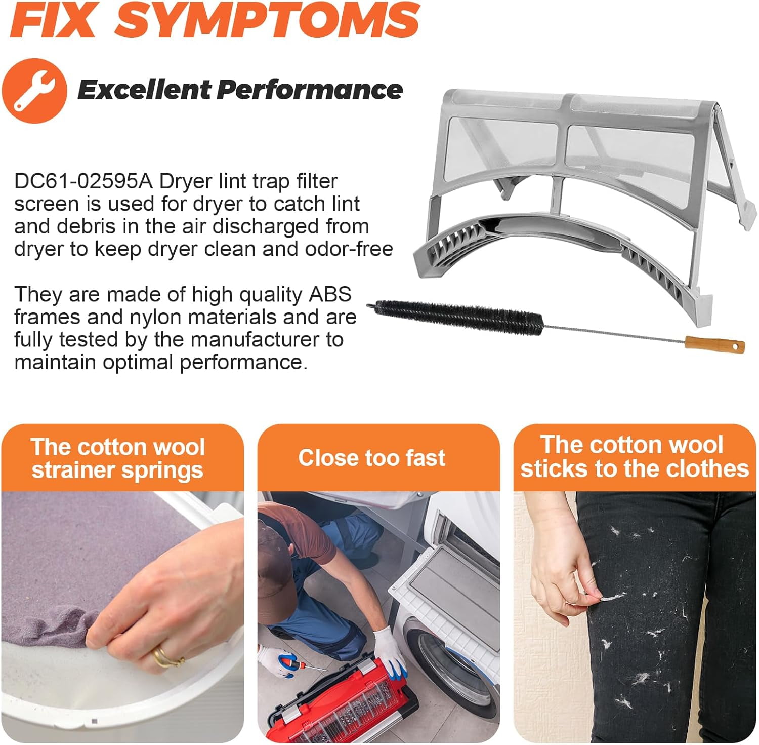 DC61-02595A Dryer Lint Filter for Samsung Dryer, Upgraded Stainless Steel Screen with Cleaning Brush, Replaces AP4578777 EAP4206799