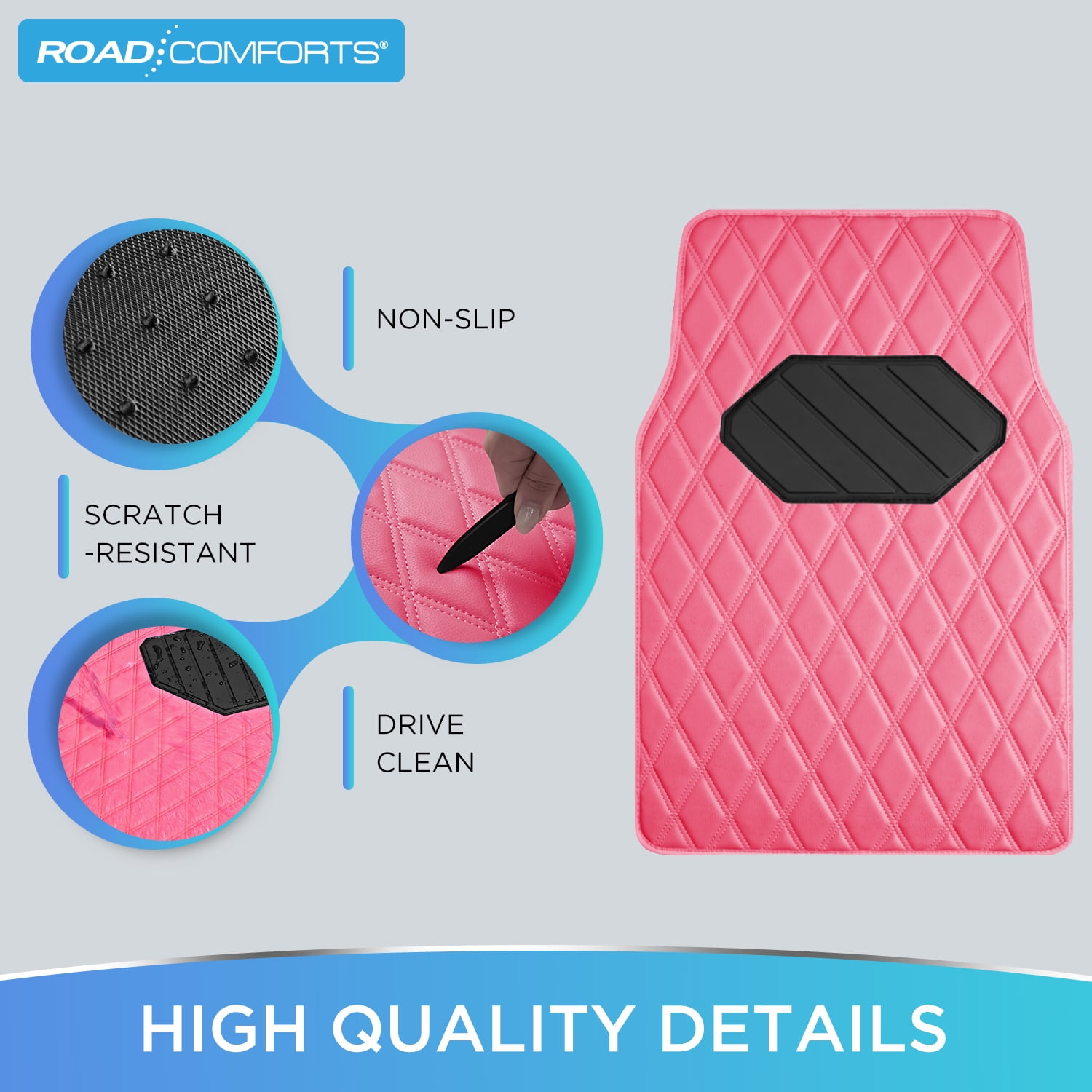 Road Comforts 4PC Leather Quilted Car Floor Mats, Stylish, Durable, Waterproof, Non-Slip, Full Coverage for Cars and SUVs Hot Pink