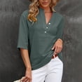 thumbnail image 2 of WTXUE Button-Up Shirts Elbow-Length, Notch Neck Shirts for Women's Button Down Shirts Cotton Linen Plus Size Shirts Linen Shirts Solid | Workwear for Women's Plus Green S, 2 of 8