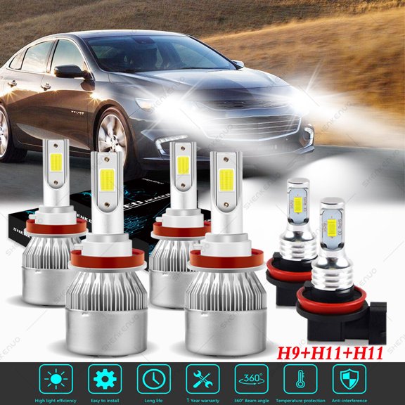 For Impala 2006-13 Headlights H9 H11 LED High and Low Beam H11 Fog Light 6pc