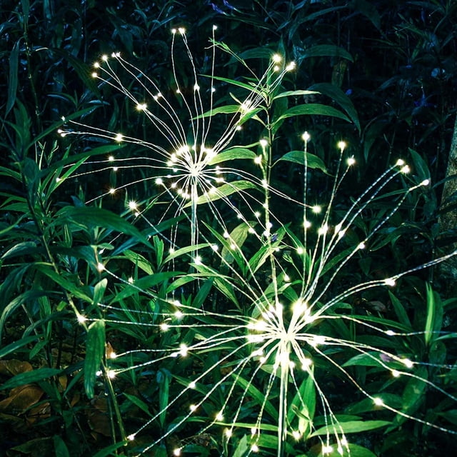 Decoraciones de jardín luminosas, luces solares de fuegos artificiales con 120 LED blancos cálidos, luz exterior impermeable para pasarelas, caminos, patios traseros y eventos festivos