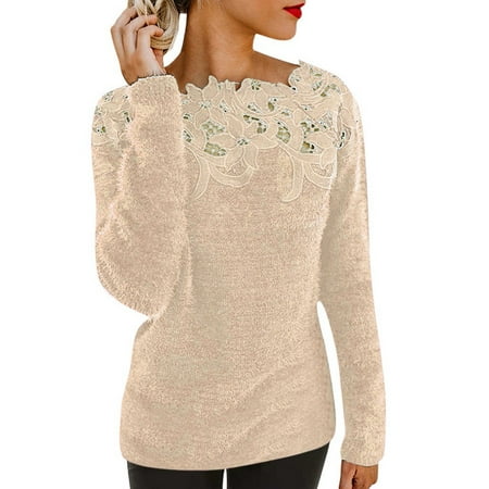 

Long Sleeve Shirts for Women Under Scrubs Women Solid Sexy Lace Splicing Hollow Out Long Sleeve Off Shoulder Plush Blouse Sweater Top Long Sleeve Tops Casual