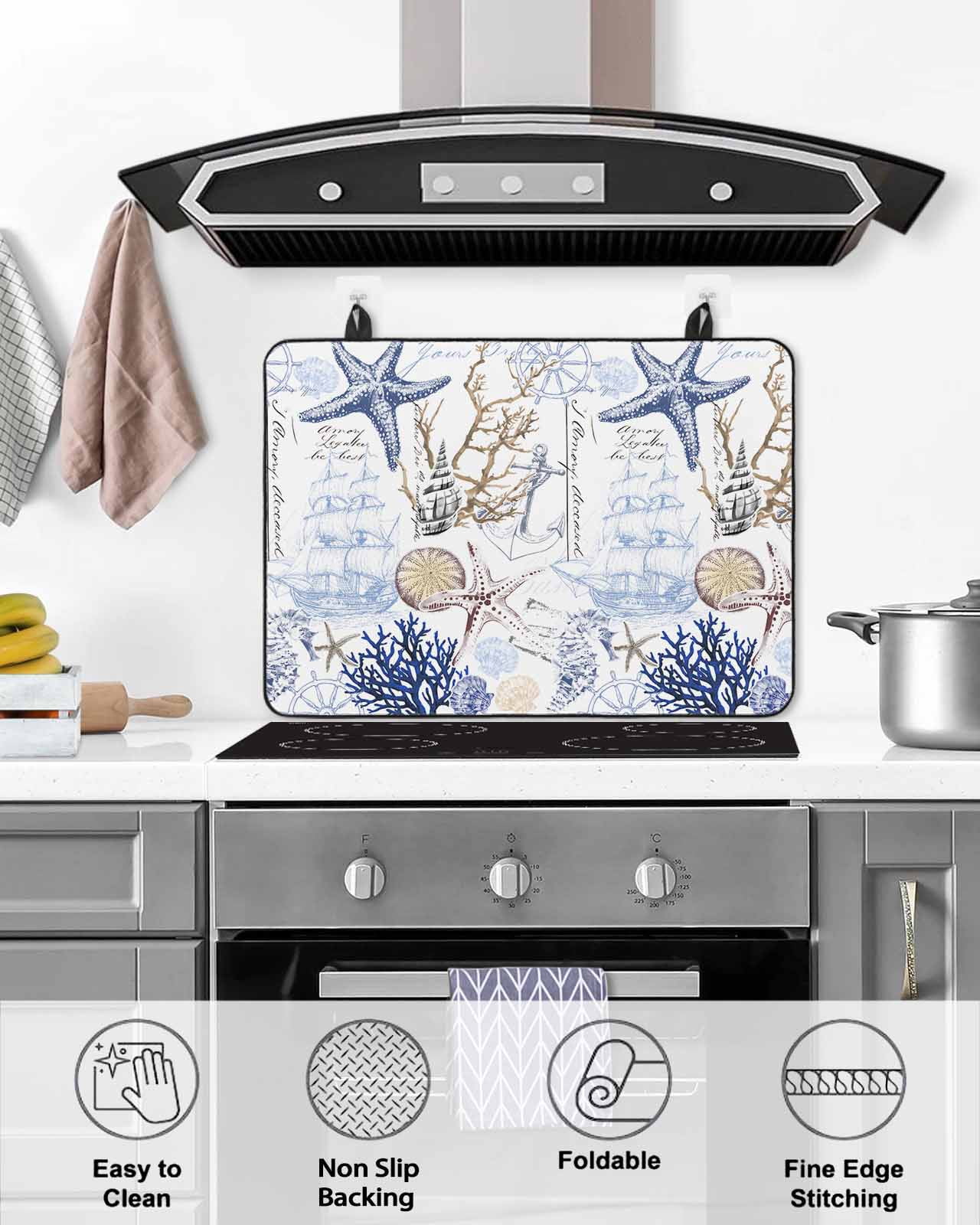 nqOlkjepod Large Induction Cooktop Protector Mat 36"x21", Blue Brown Coastal Stove Top Covers for Electric Stove, Summer Beach Nautical Coral Starfish Stove Burner Cover Mats, Glass Top Stove Cover