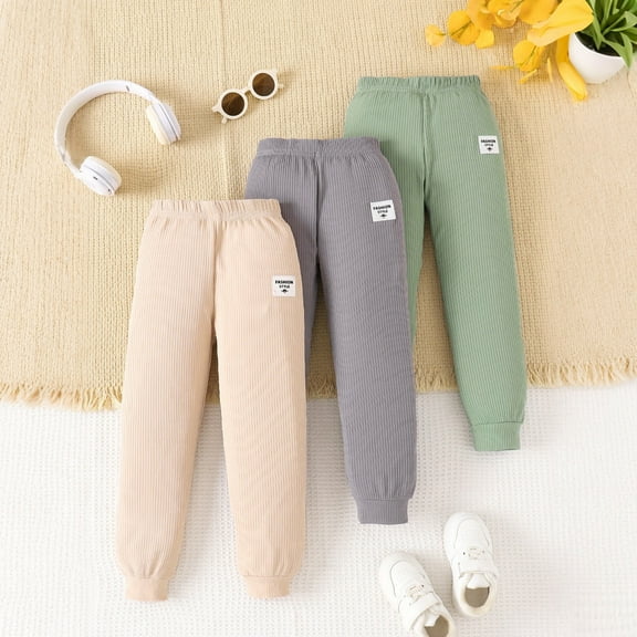 UQJfacai 3 Pack Girls Baggy Sweatpants Kids Ribbed Knit Wide Leg Casual Pants Elastic Waiste Jogger Sweat Track Pants with Pockets 2-7 Years