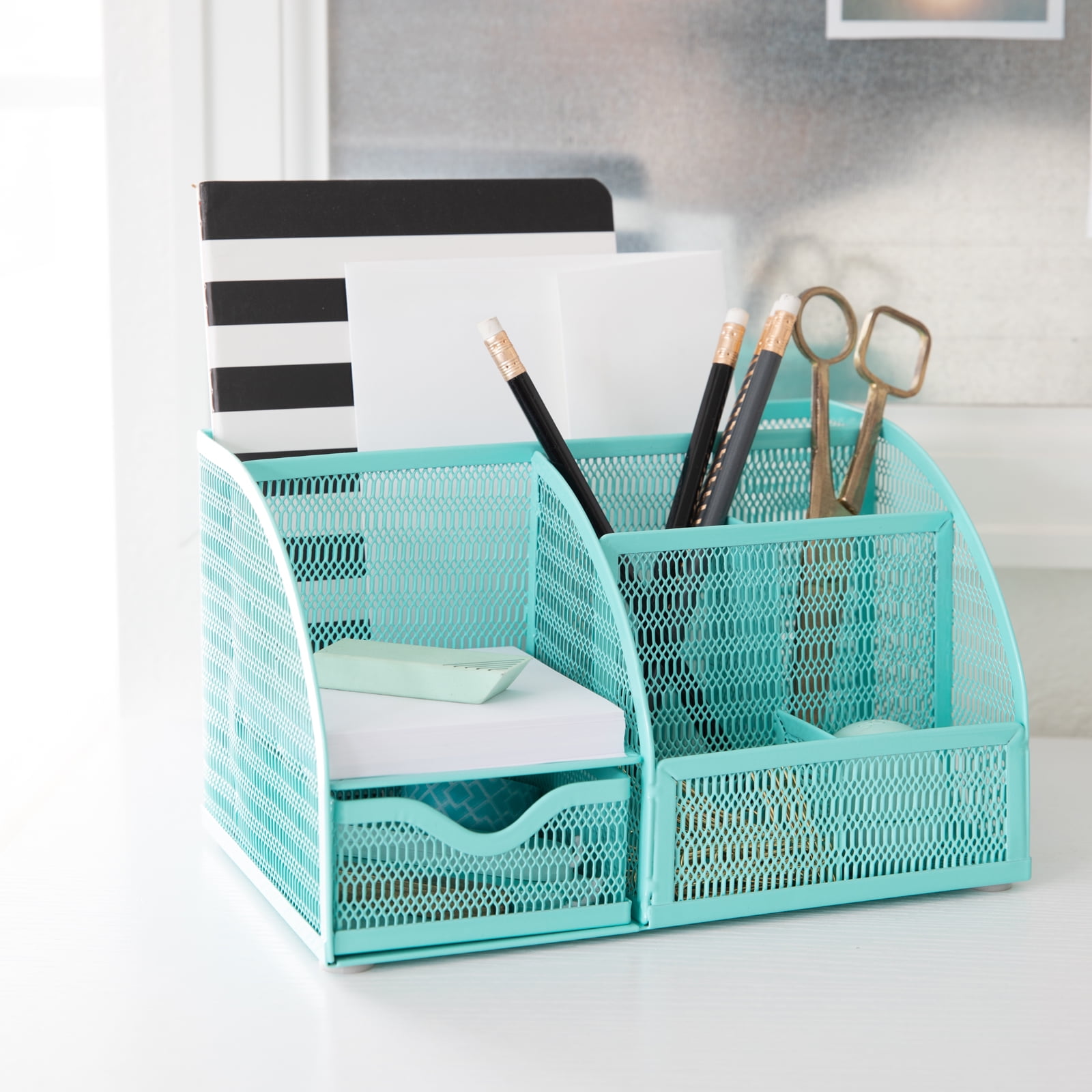 Blu Monaco Unique Metal Aqua Desk Organizer with Drawer