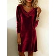 thumbnail image 3 of Velvet Dress for Women Casual Shirt Dresses Elegant Cocktail Long Sleeve Maxi Dress Wine Red M, 3 of 5