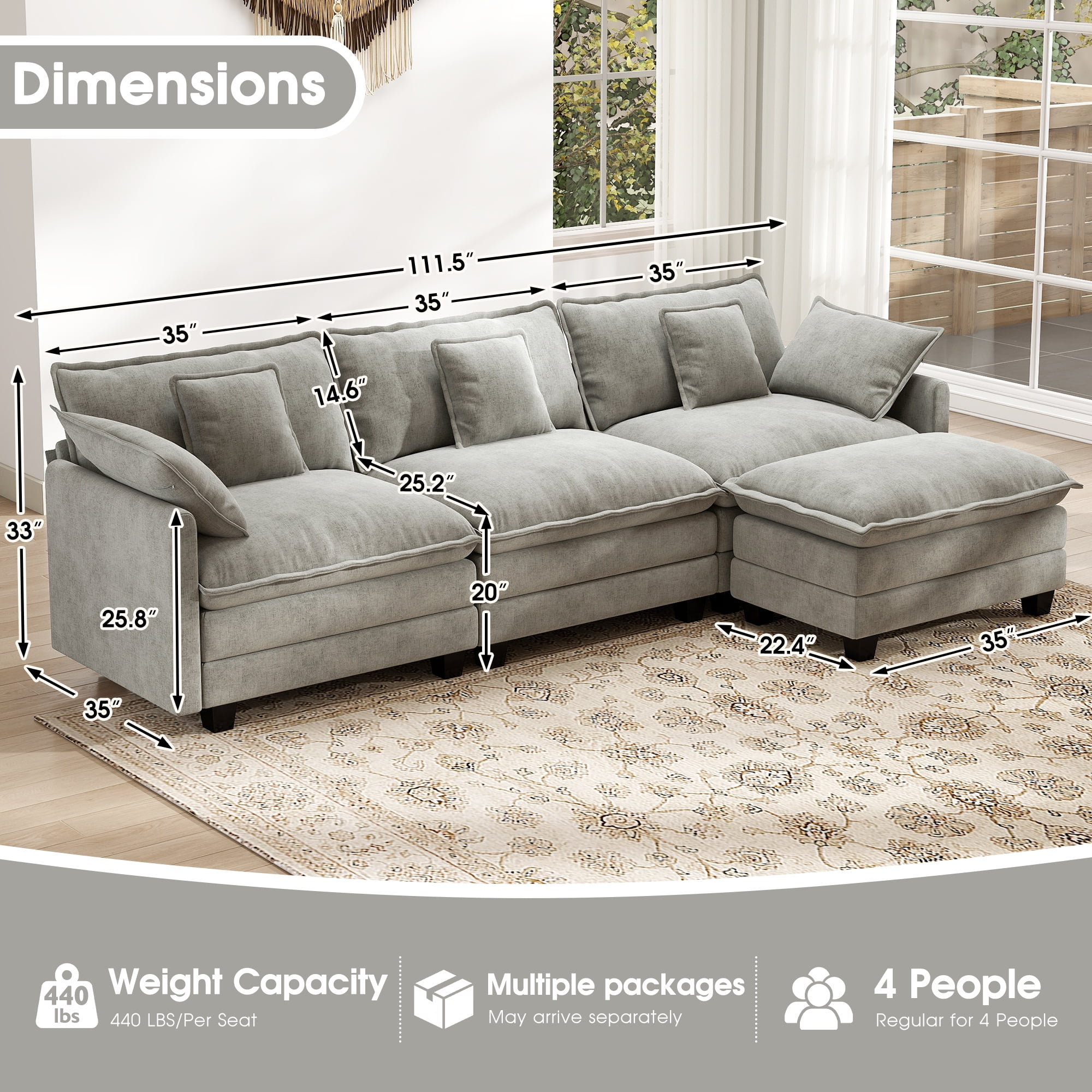BedLuxury 111.5'' Modular Sectional Sofa with Movable Ottoman, L Shaped Cloud Couch for Living Room, 3-Seat, Grey