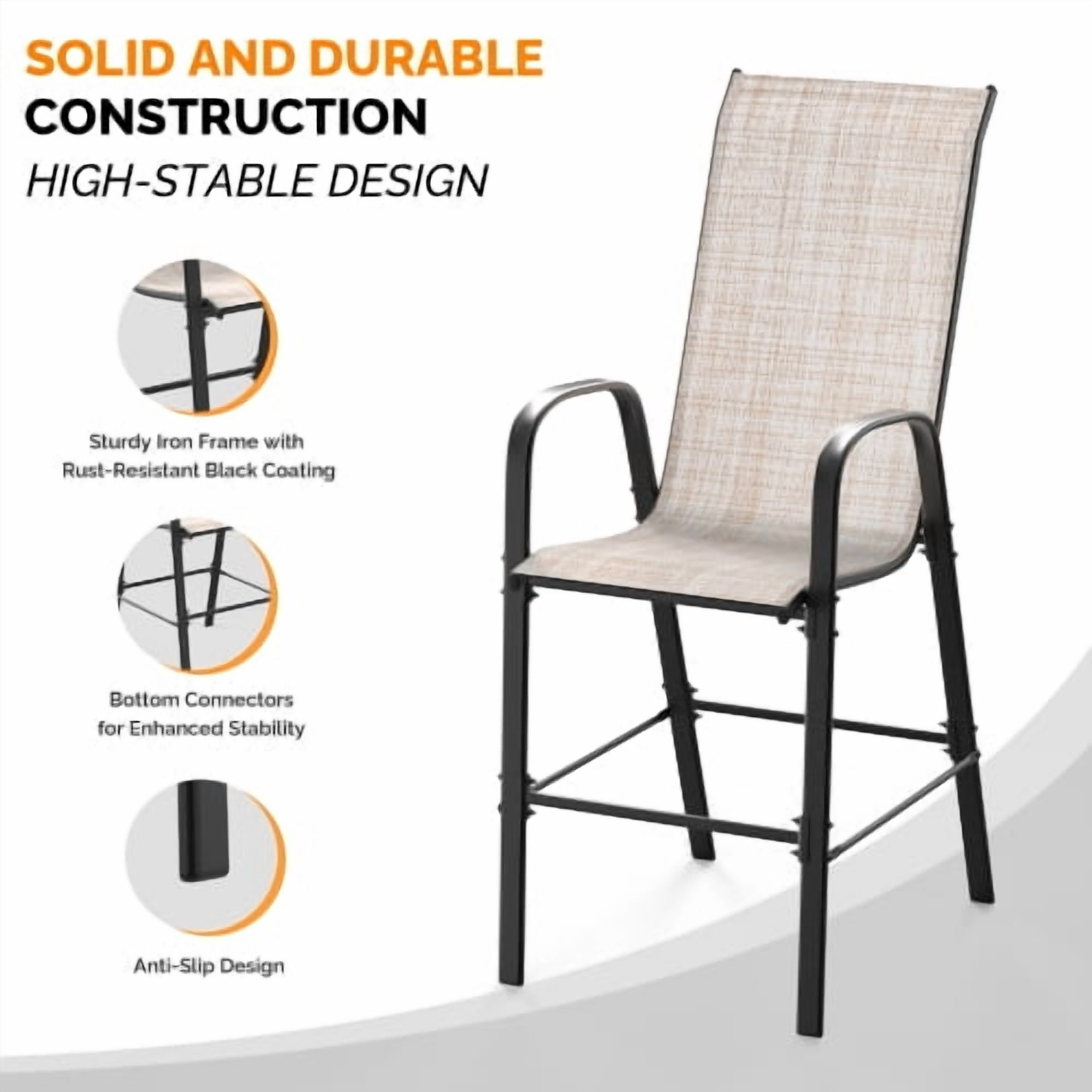 Ktaxon 4Pcs High Patio Outdoor Dining Chairs, Textilene Stackable Armrest Chairs Space Saving for Backyard Porch Garden - Khaki