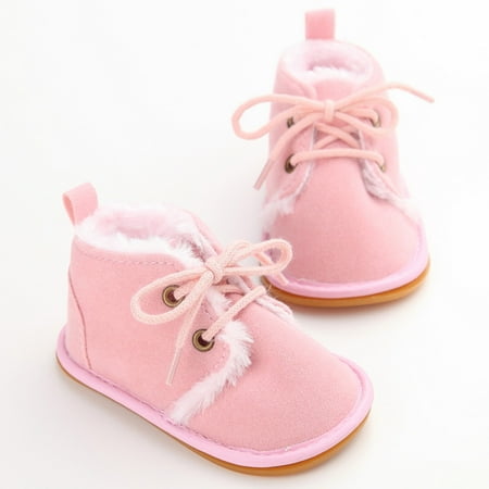 

Caitzr Baby Anti-slip Snow Booties with Rubbers Winter Warm Leopard Solid Fur Boots Lace Up Soft Sole Shoes