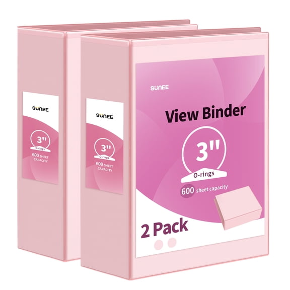 SUNEE, 3 Inch Binder 3 Ring, 2 Pack, Pink, Clear View PVC-Free (Fit 8.5x11)