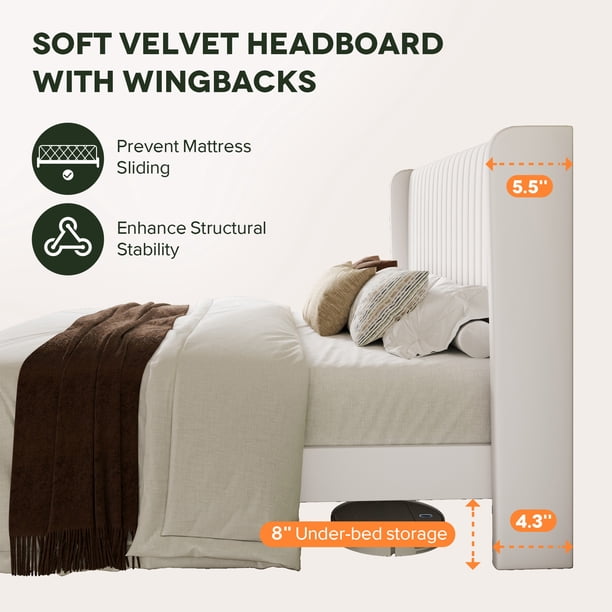 Einfach King Bed Frame, Upholstered Platform Bed with Wingback