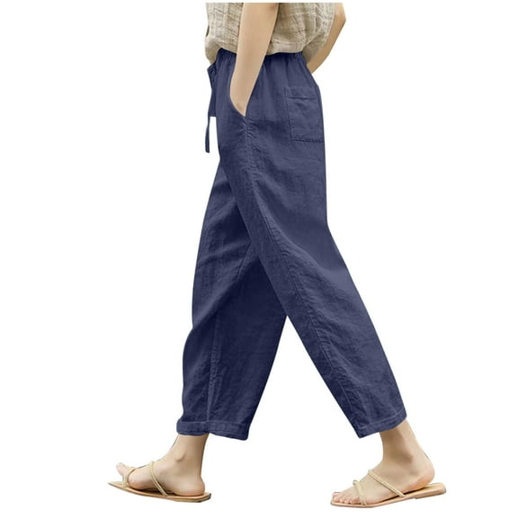 Fnooota Cotton Linen Pants for Women, Straight Leg Casual Drawstring Summer Women's Trousers Navy Size S-2XL