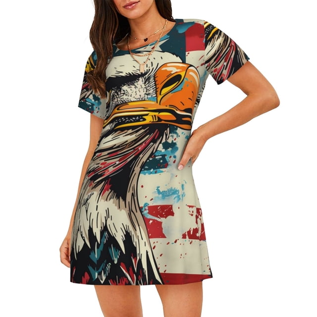 Saiise Chemise de Nuit Rétro Motif Aigle Américain pour Femmes Manches Courtes Col Rond Mignonne Robe de Nuit Confortable