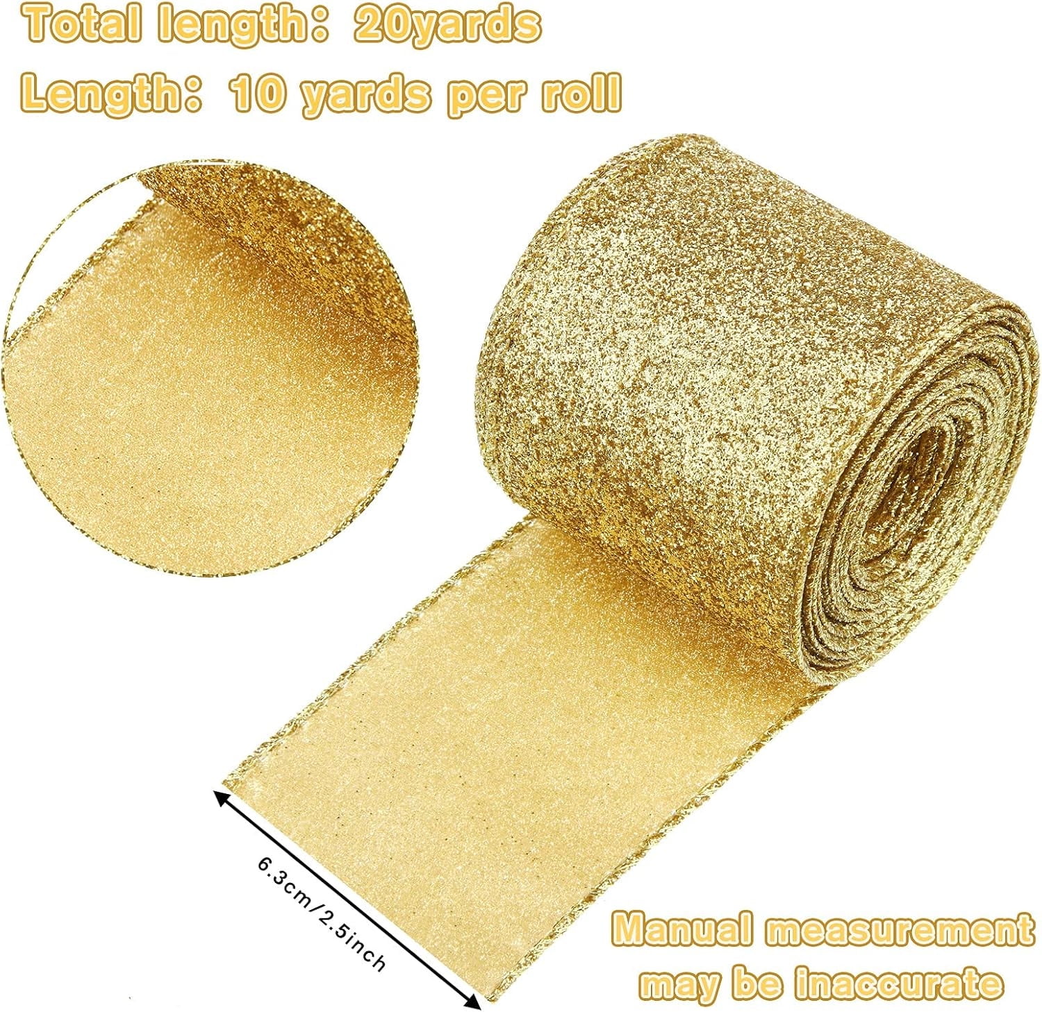 2 Rolls 20 Yards Ribbon for Christmas Tree,Bexikou Gold Christmas Ribbon Wired Glitter Ribbons Garland,Thick Wired Golden Ribbons for Tree Gift Box Wrapping Party Decoration