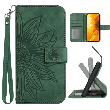 Mantto Wallet Case for Motorola Moto G Stylus 5G 2022 6.8 inch,Stylish Sunflower Embossed PU Leather Shockproof Protective Magnetic Flip Stand Card Slots Phone Cover with Wrist Strap,Green