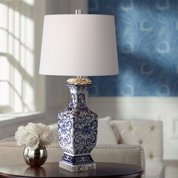Barnes and Ivy Traditional Table Lamp with USB Charging Port 28" Tall Blue White Floral Porcelain White Drum Shade for Living Room Bedroom