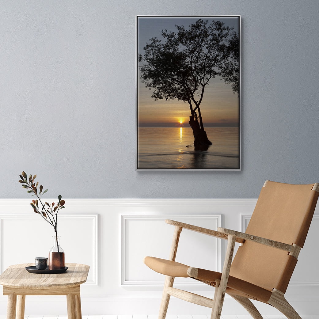 Sunset Silhouette Framed Premium Gallery Wrapped Canvas - Ready to Hang - 27 x 41 - Silver Floating Frame