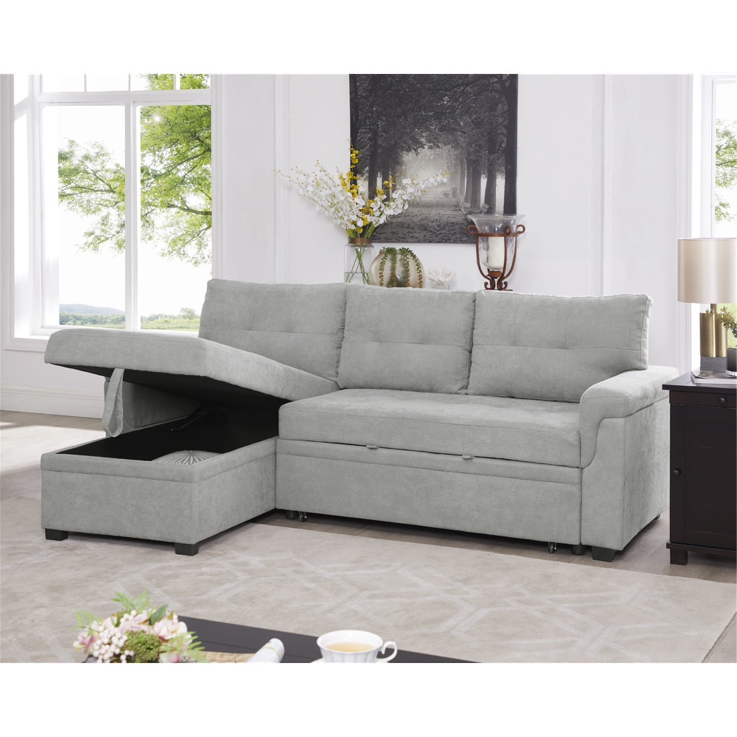 Laura Gray Velvet Sectional Sleeper Sofa Bed with Storage Chaise, Pull Out Couch