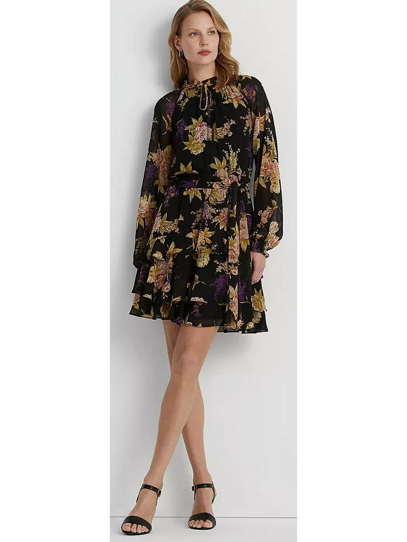 Lauren Ralph Lauren Women's Floral Belted Crinkle Georgette Dress - Black/Tan/Multi - Size 2