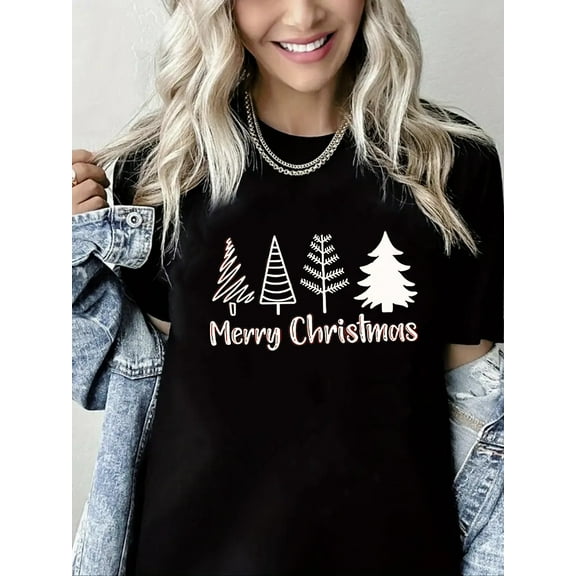 Merry Christmas Tshirt Christmas Trees and Reindeer Print Short Sleeve Shirt for Women