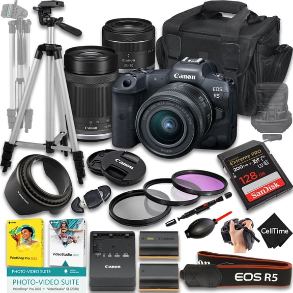Canon EOS R5 Mirrorless Camera with RF 24-50mm f/4.5-6.3 IS STM And 55-210mm f/5-7.1 IS STM Lens   128GB Memory   Extra Battery   Camera Case   Tripod   More (25pc Bundle) (International Version)