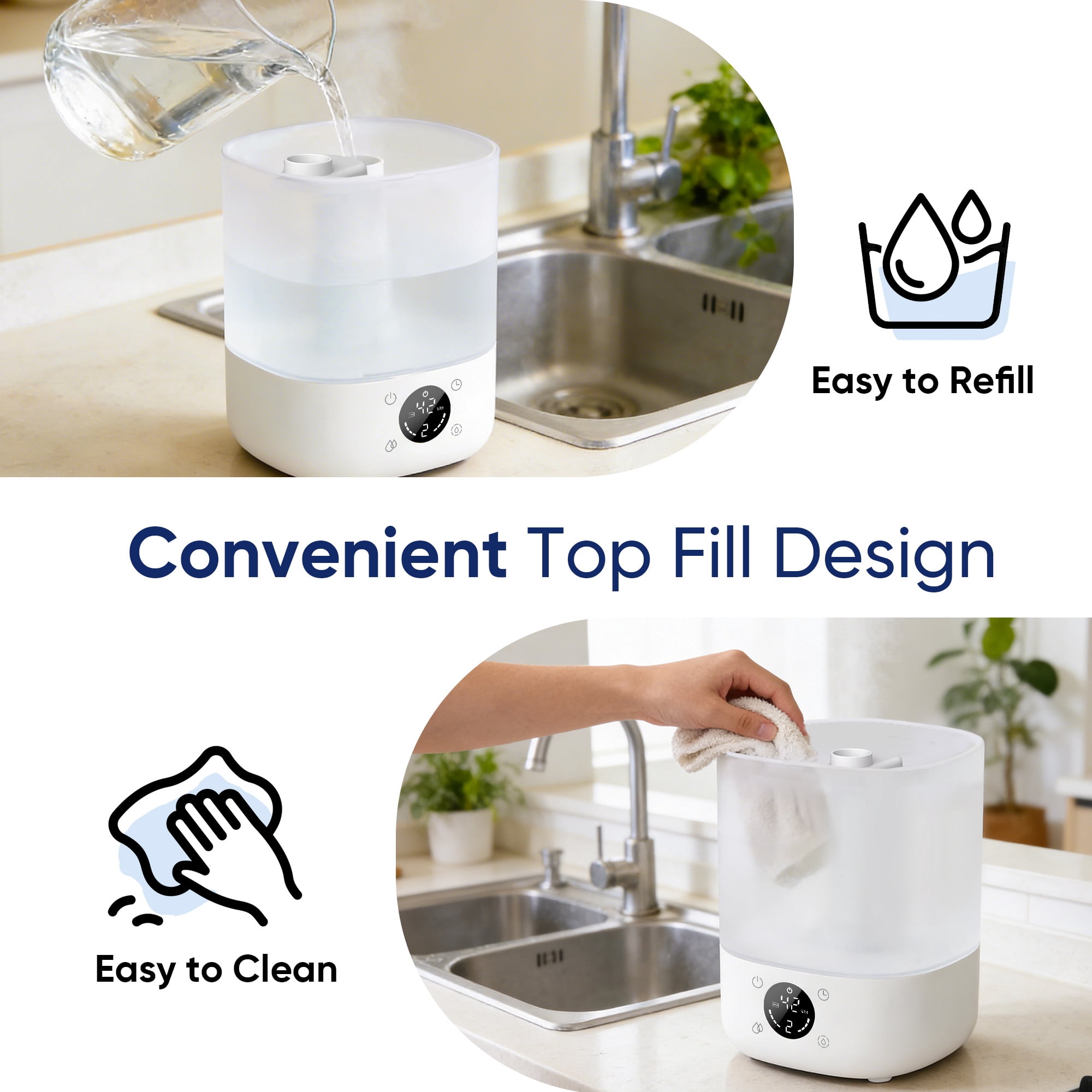 AIRFIRE 4L Cool Mist Humidifier with Auto Humidity Control and Timer for Large Room, Essential Oil Diffuser Air Humidifiers for Bedroom, Overnight Use, Quiet Run, Night Light, White