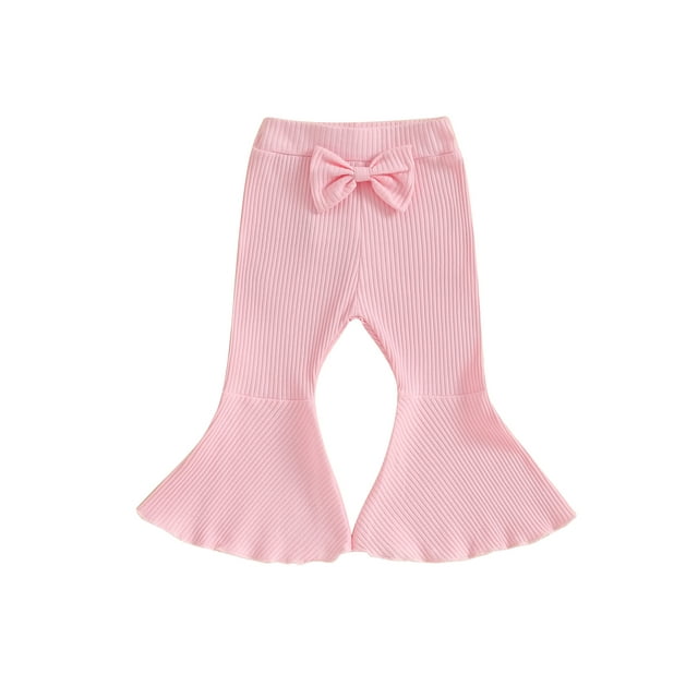 Kmbangi Kids Girl Flare Pants Solid Color Ribbed Elastic Bell Bottoms Trousers Bow Ruffle Pants for Toddler Baby