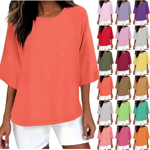 Ichuanyi Women's 3/4 Sleeve Casual Tops Solid Color Crew Neck Loose Fit Shirts Blouses Three Quarter Sleeve Tops Woman Blouse